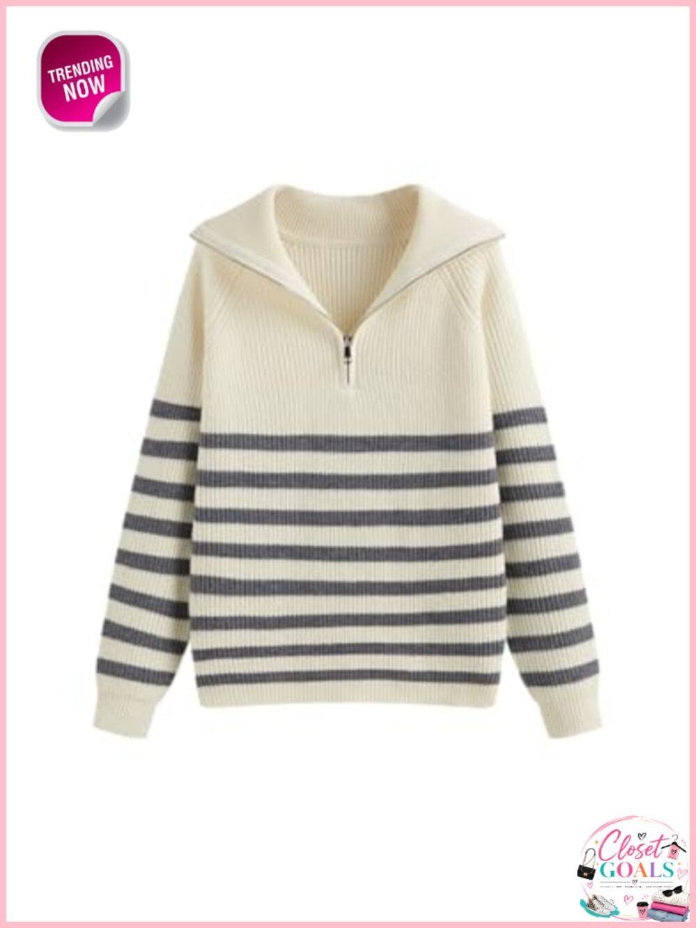 Striped Quarter Zip Mock Neck Oversized Pullover Sweater Knit